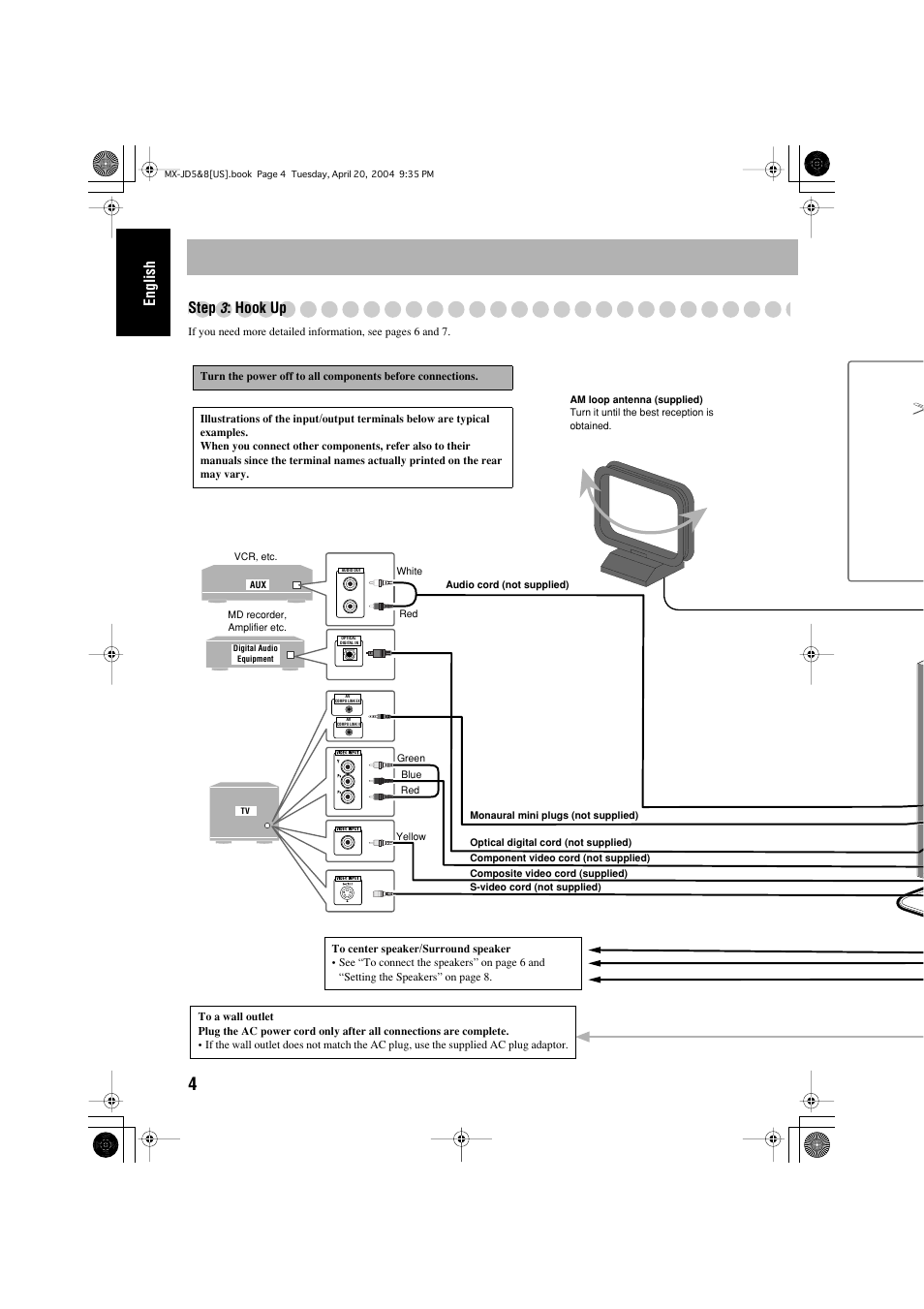 English, Step, Hook up | JVC CA-MXJD8UW User Manual | Page 8 / 186
