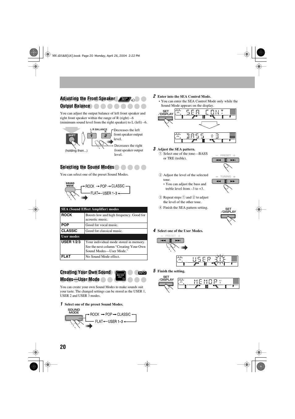 Adjusting the front speaker output balance, Selecting the sound modes, Creating your own sound modes—user mode | JVC CA-MXJD8UW User Manual | Page 87 / 186