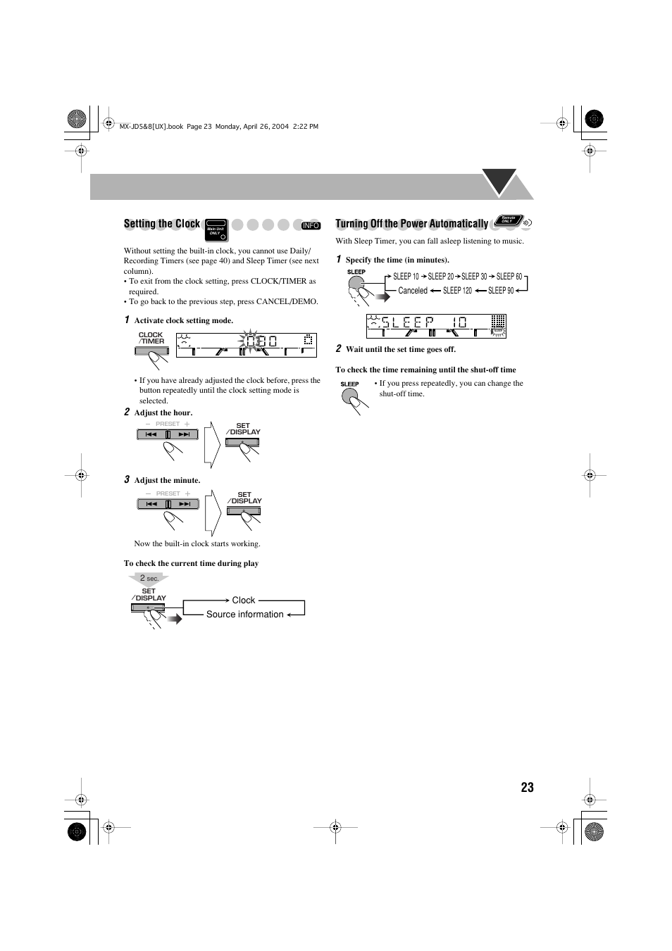 Setting the clock, Turning off the power automatically | JVC CA-MXJD8UW User Manual | Page 90 / 186