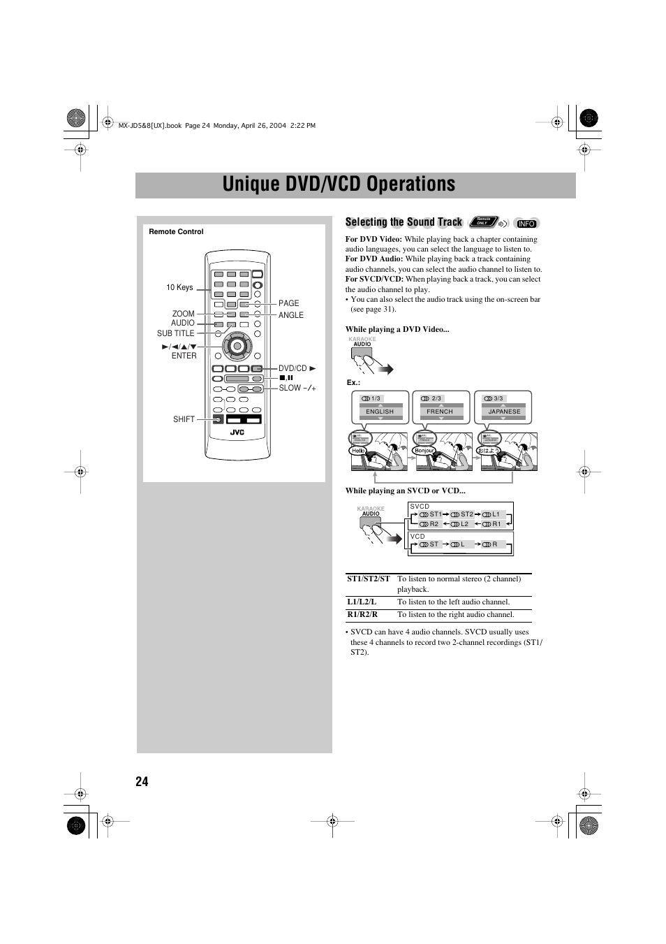 Unique dvd/vcd operations, Selecting the sound track | JVC CA-MXJD8UW User Manual | Page 91 / 186