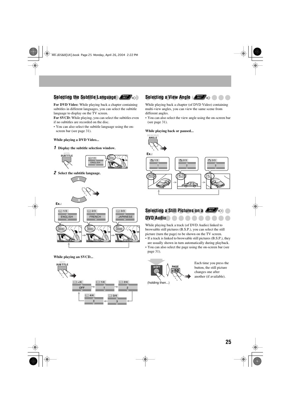 Selecting the subtitle language, Selecting a view angle, Selecting a still pictures on a dvd audio | JVC CA-MXJD8UW User Manual | Page 92 / 186