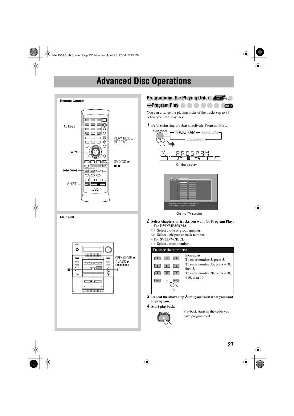 Advanced disc operations, Programming the playing order —program play | JVC CA-MXJD8UW User Manual | Page 94 / 186