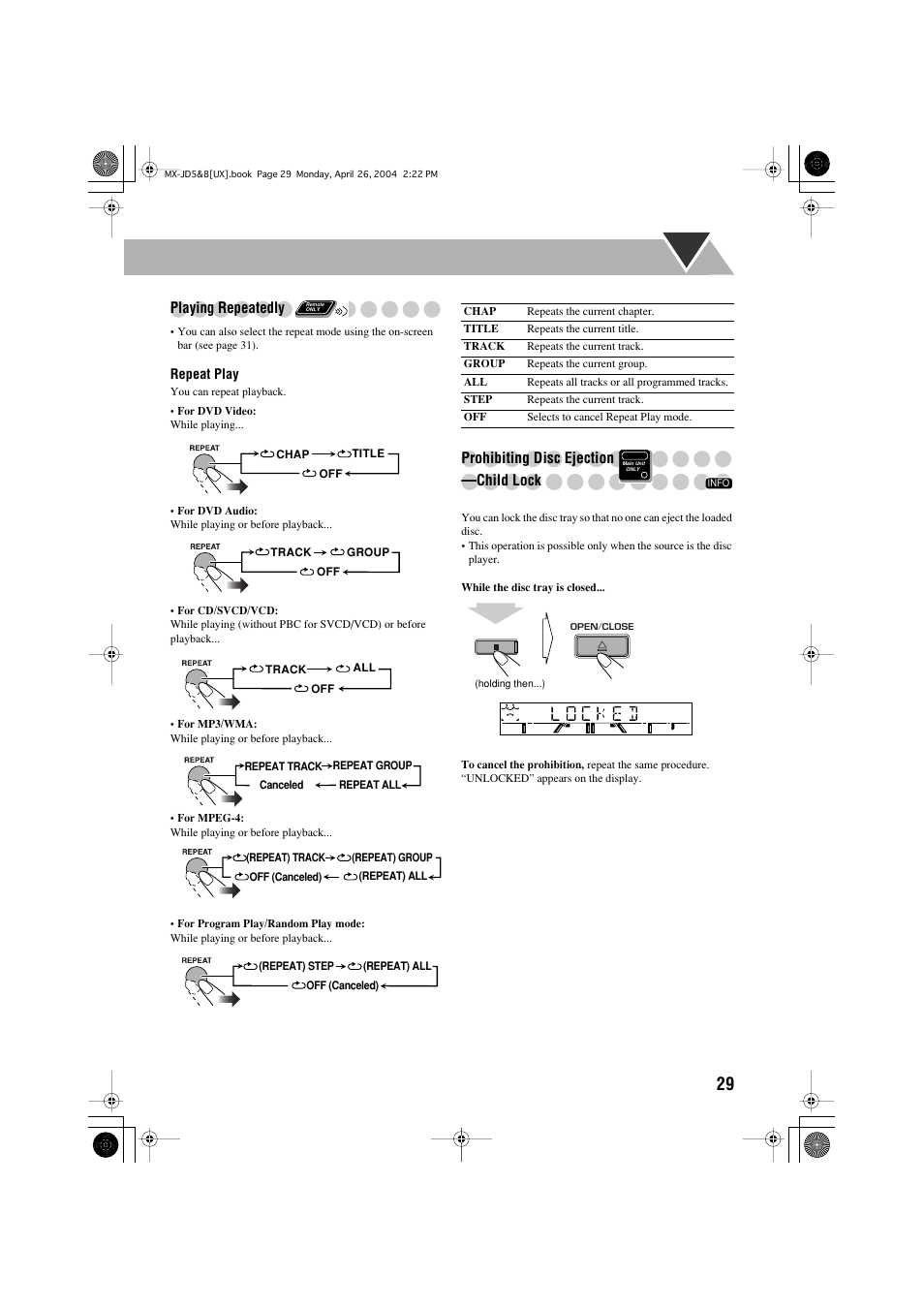 Playing repeatedly, Prohibiting disc ejection —child lock | JVC CA-MXJD8UW User Manual | Page 96 / 186