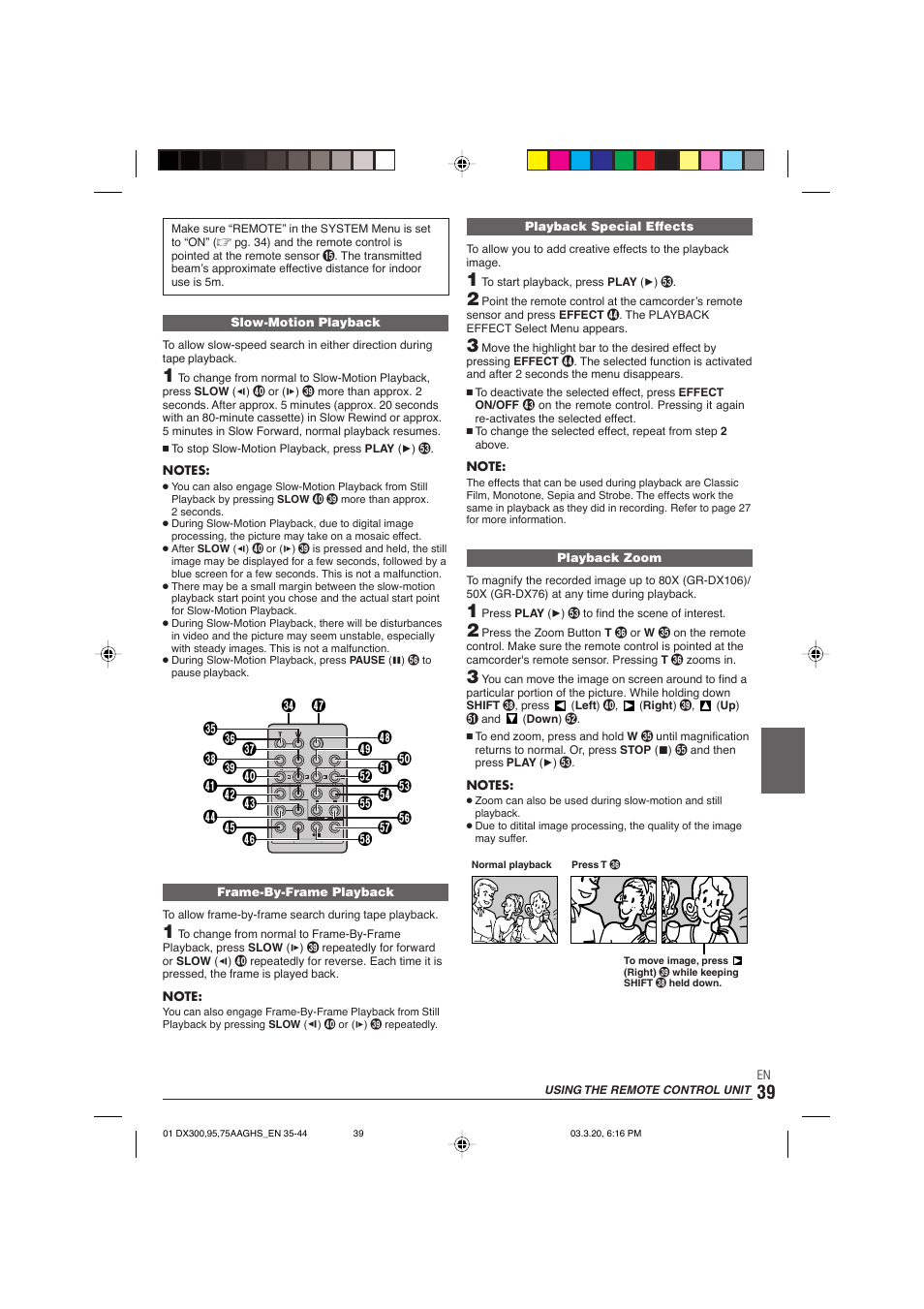 Using the remote control unit | JVC GR-DX106/76AG User Manual | Page 39 / 60