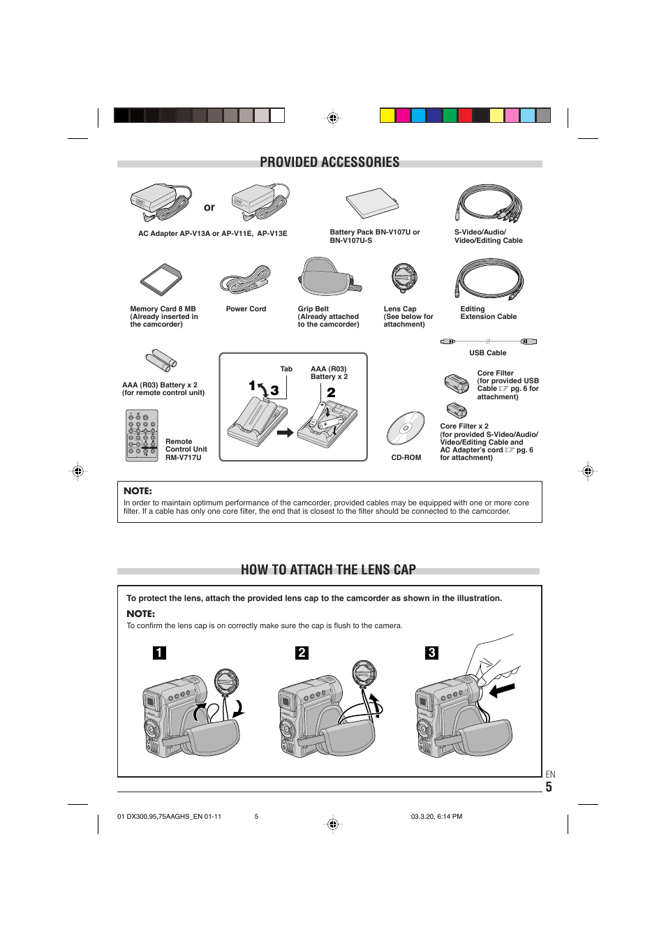 Provided accessories, How to attach the lens cap | JVC GR-DX106/76AG User Manual | Page 5 / 60