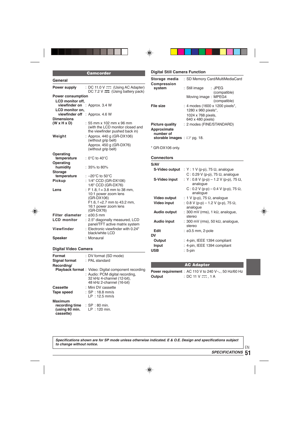 Specifications | JVC GR-DX106/76AG User Manual | Page 51 / 60