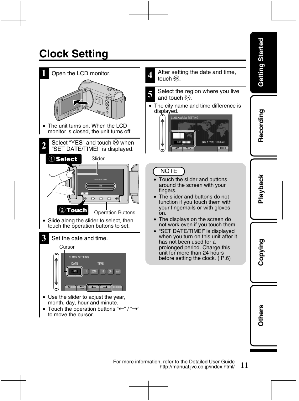 Clock setting, Getting started recording playback copying others | JVC Everio GZ-HM320U User Manual | Page 11 / 96