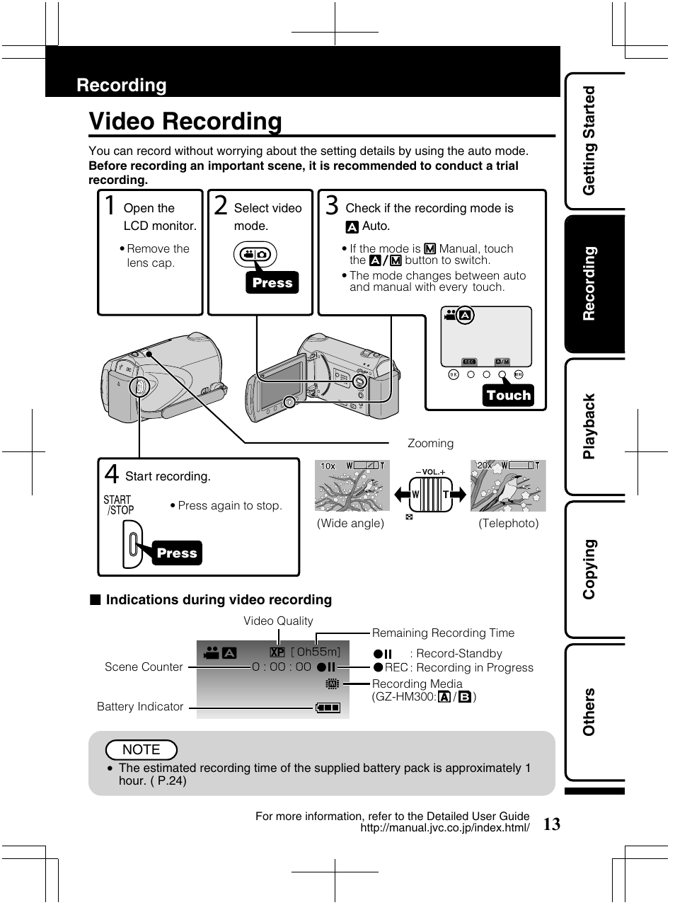 Video recording, Recording | JVC Everio GZ-HM320U User Manual | Page 13 / 96