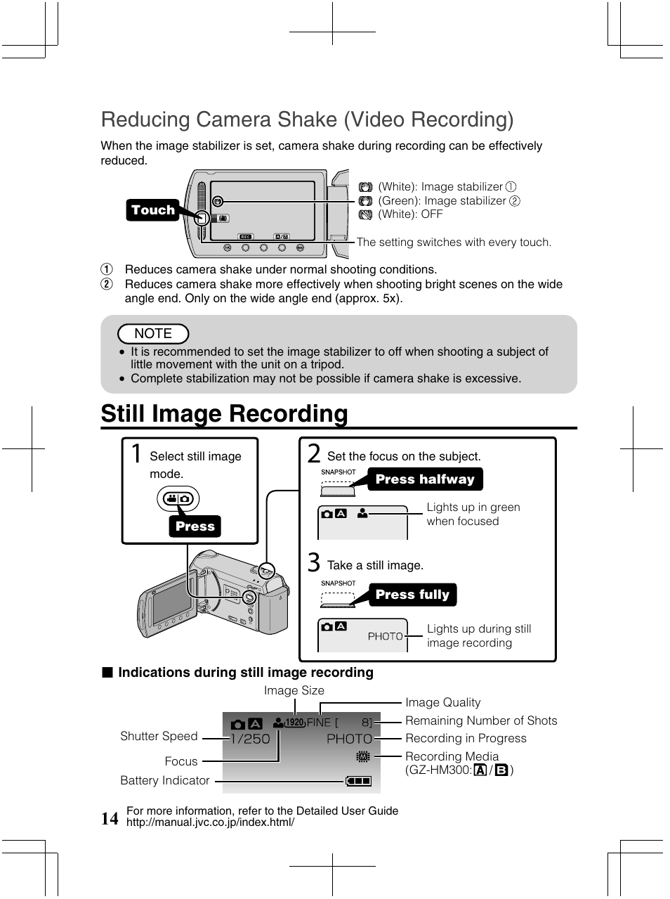 Still image recording, Reducing camera shake (video recording) | JVC Everio GZ-HM320U User Manual | Page 14 / 96