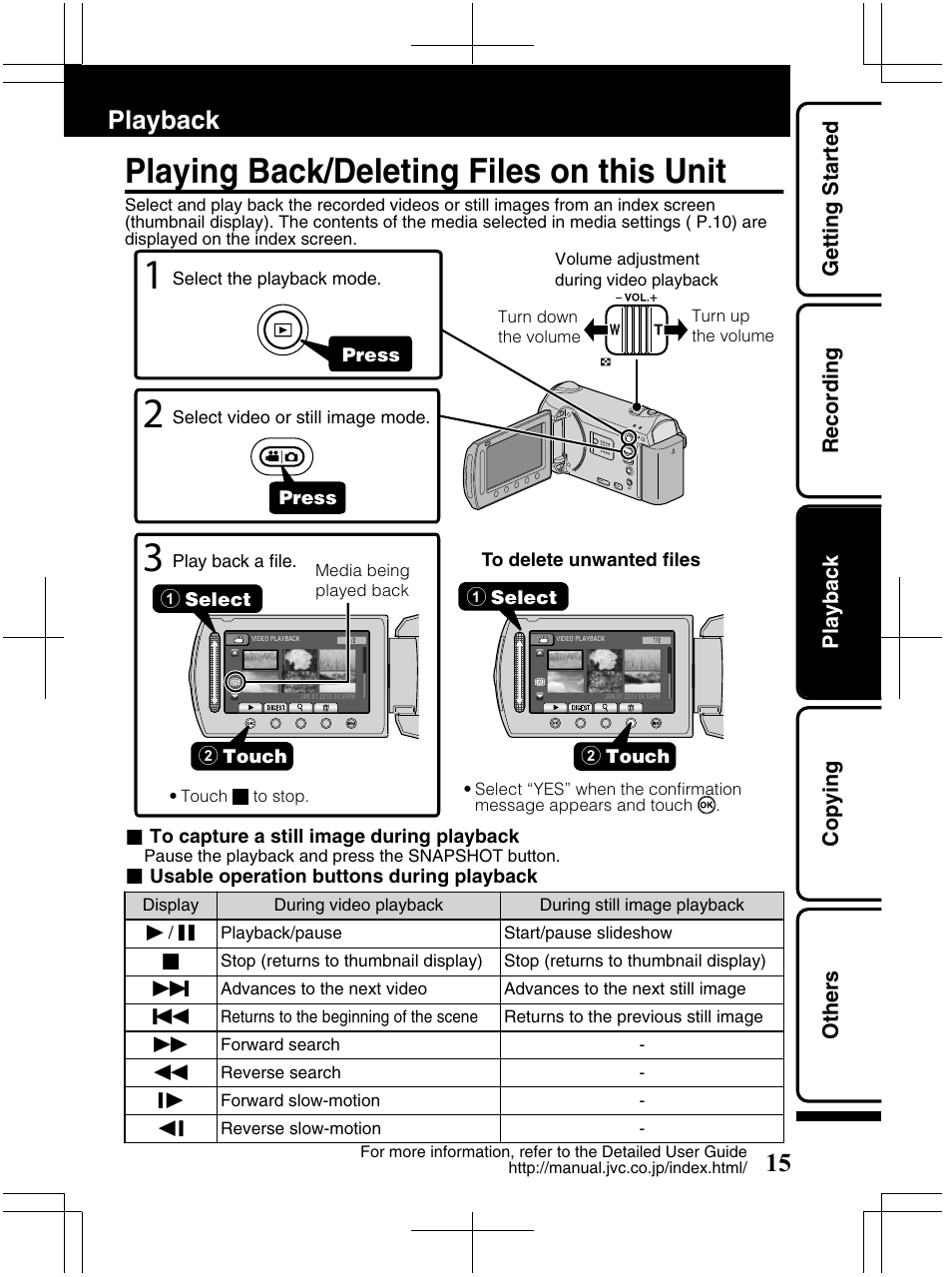 Playing back/deleting files on this unit, Playback | JVC Everio GZ-HM320U User Manual | Page 15 / 96