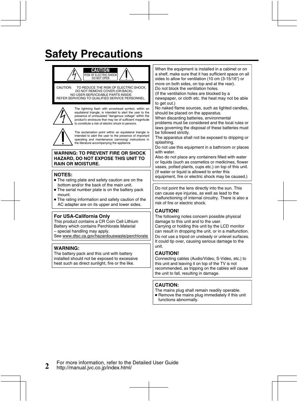 Safety precautions | JVC Everio GZ-HM320U User Manual | Page 2 / 96