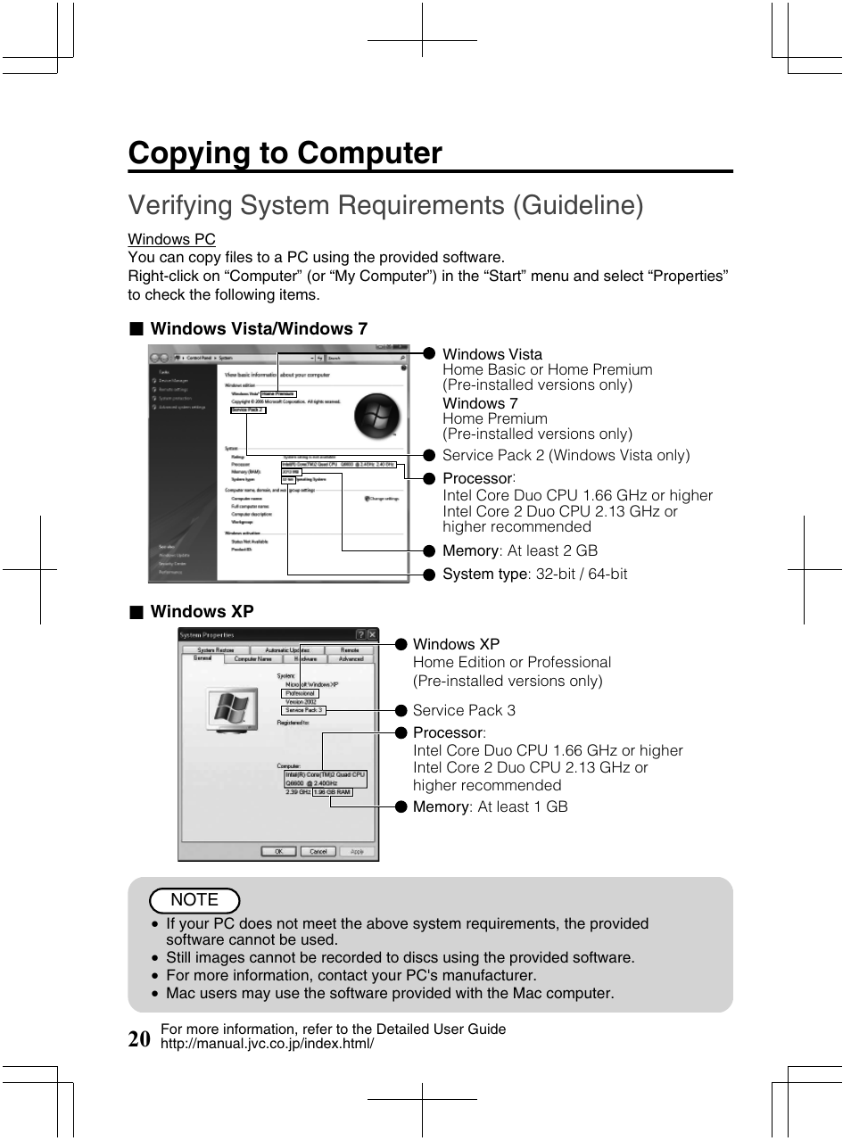 Copying to computer, Verifying system requirements (guideline) | JVC Everio GZ-HM320U User Manual | Page 20 / 96