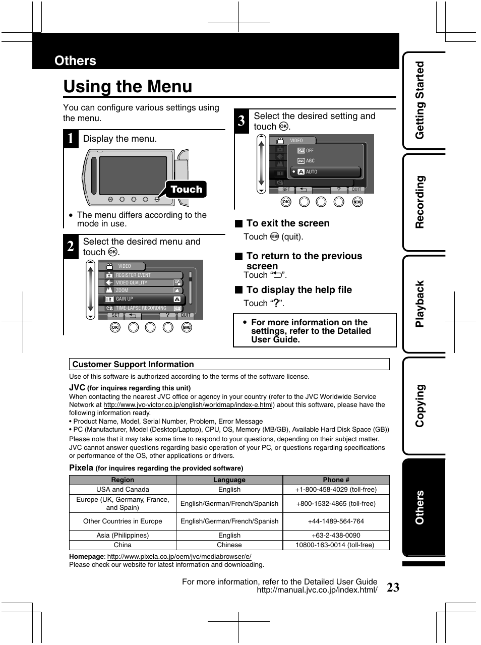 Using the menu, Others, Getting started recording playback copying others | JVC Everio GZ-HM320U User Manual | Page 23 / 96