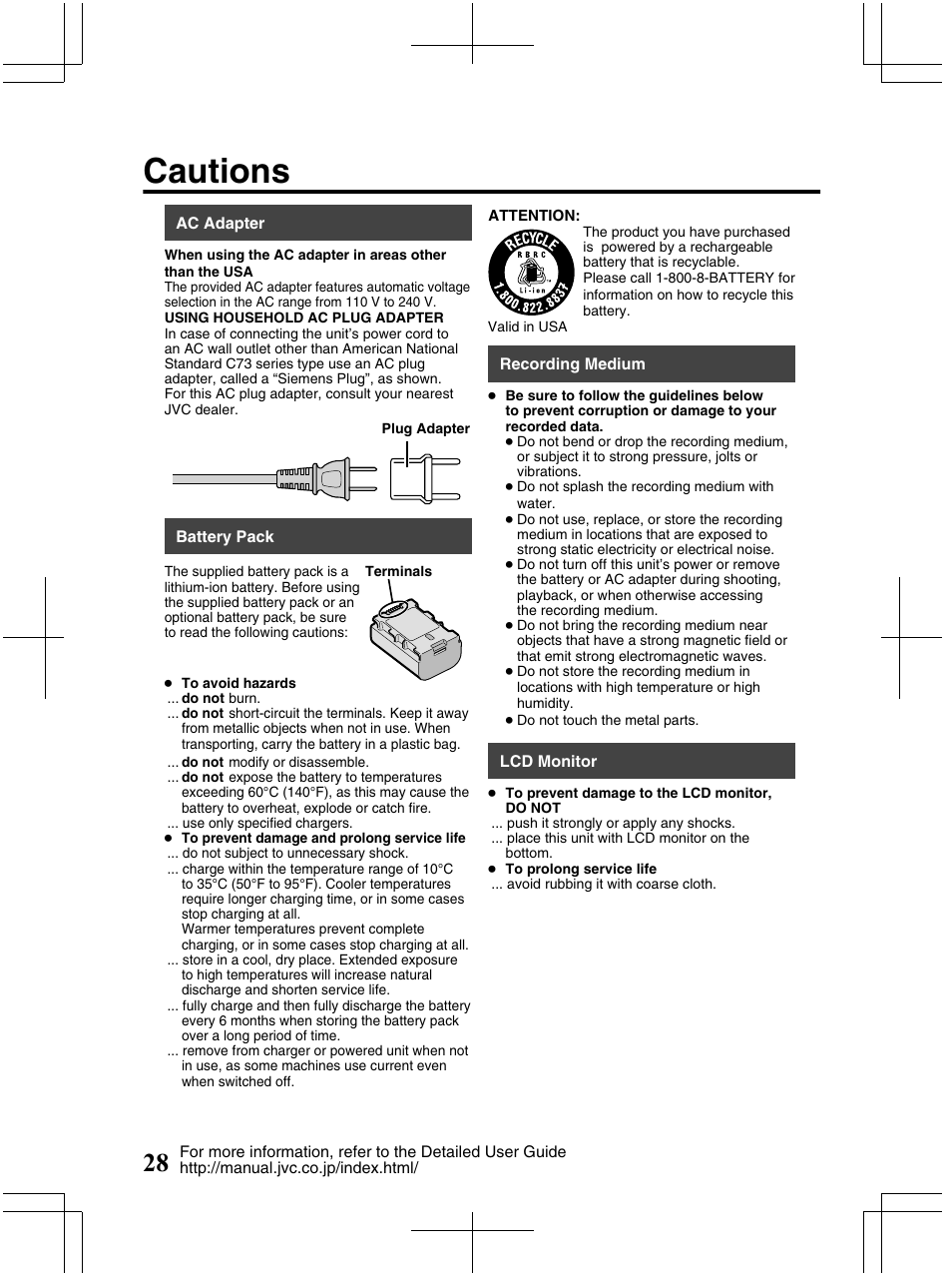 Cautions | JVC Everio GZ-HM320U User Manual | Page 28 / 96