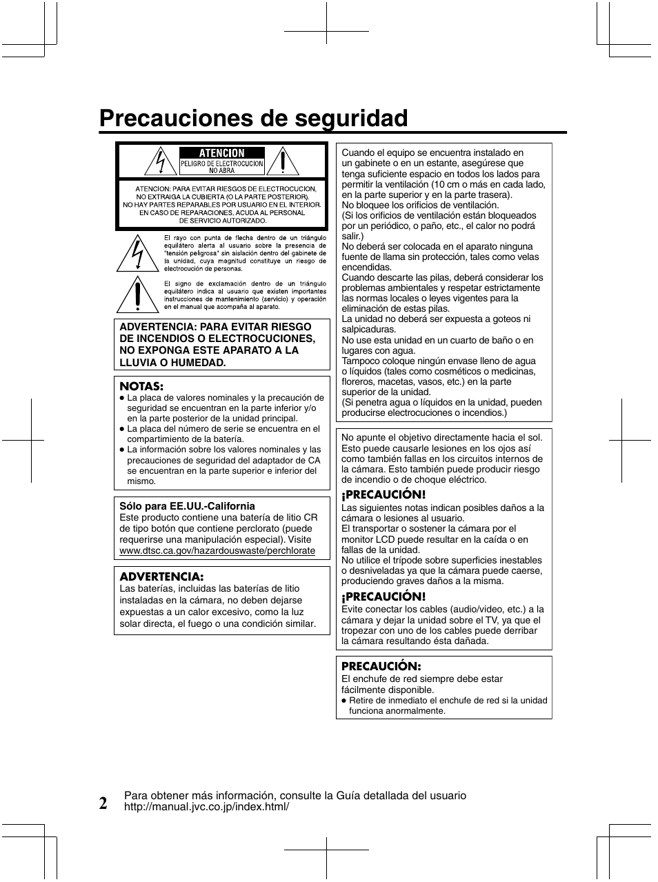 Precauciones de seguridad | JVC Everio GZ-HM320U User Manual | Page 34 / 96