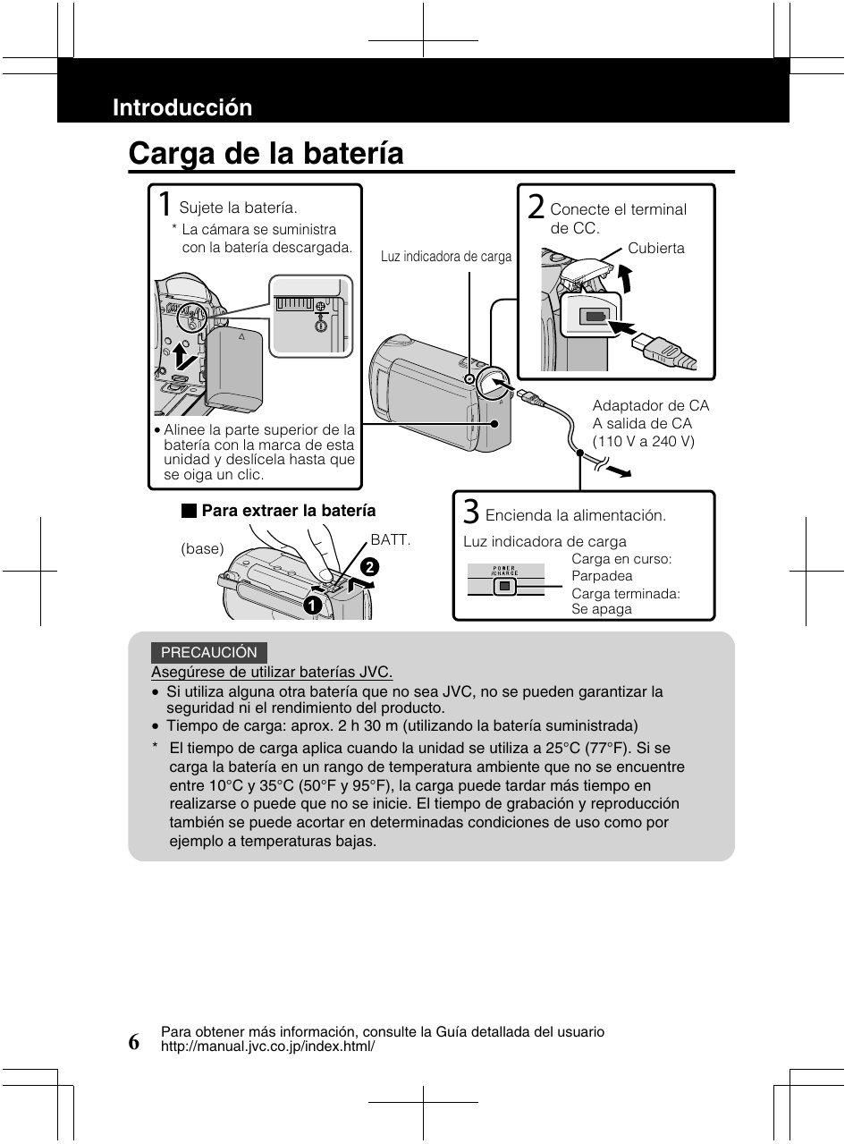 Carga de la batería, Introducción 6 | JVC Everio GZ-HM320U User Manual | Page 38 / 96
