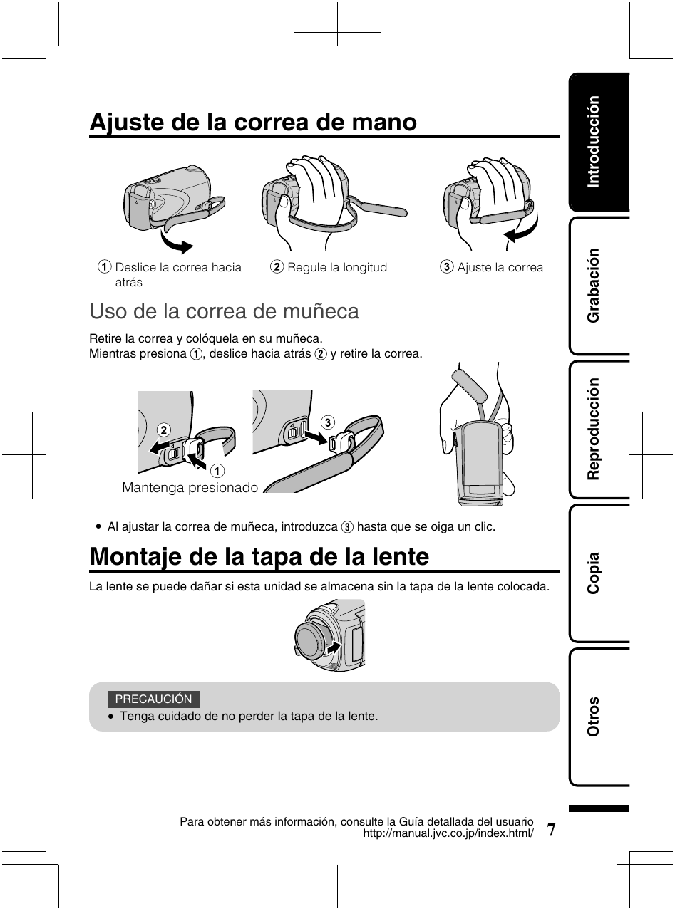 Ajuste de la correa de mano, Montaje de la tapa de la lente, Uso de la correa de muñeca | JVC Everio GZ-HM320U User Manual | Page 39 / 96