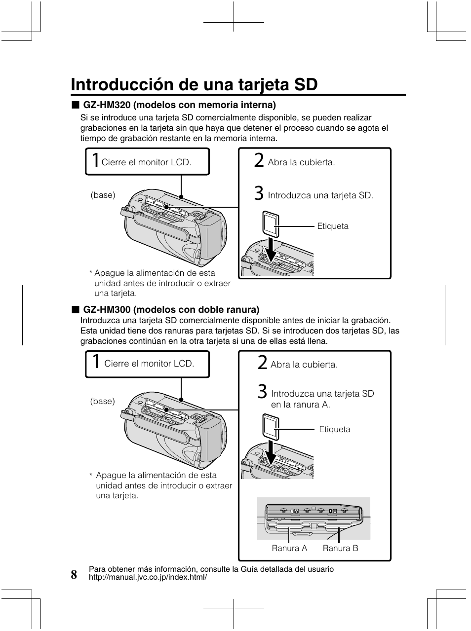Introducción de una tarjeta sd | JVC Everio GZ-HM320U User Manual | Page 40 / 96