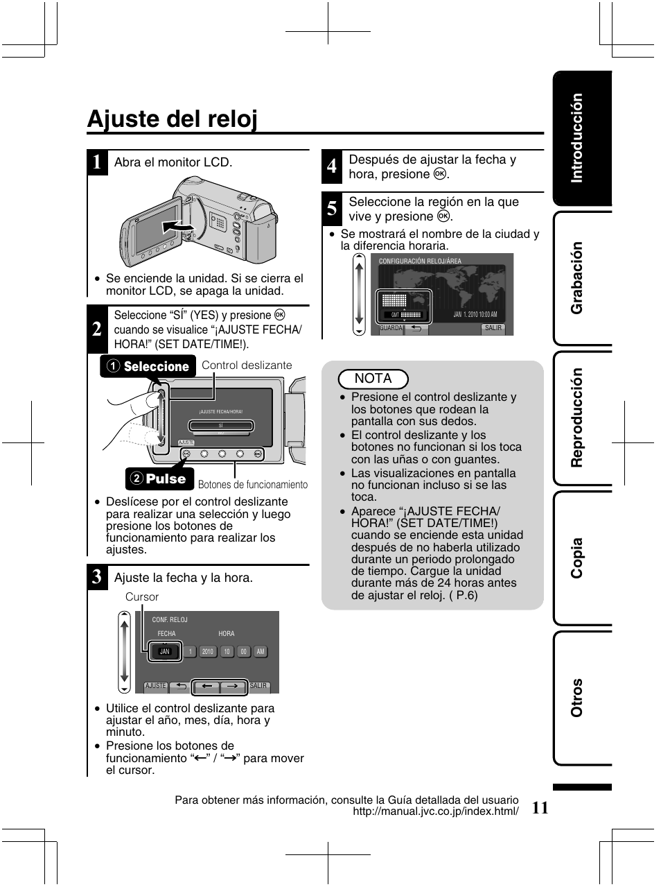 Ajuste del reloj, Introducción grabación reproducción copia otros | JVC Everio GZ-HM320U User Manual | Page 43 / 96