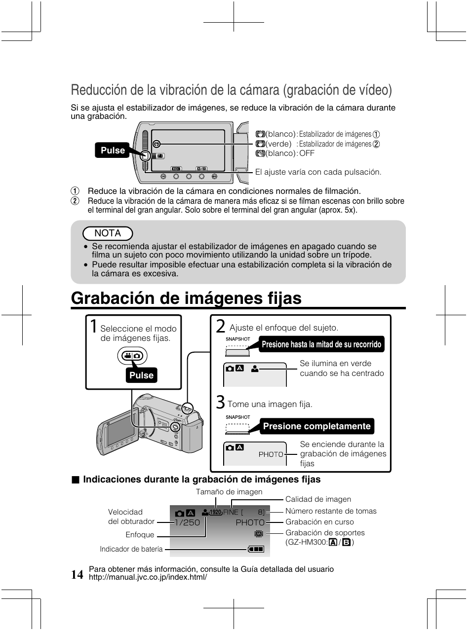 Grabación de imágenes fijas | JVC Everio GZ-HM320U User Manual | Page 46 / 96
