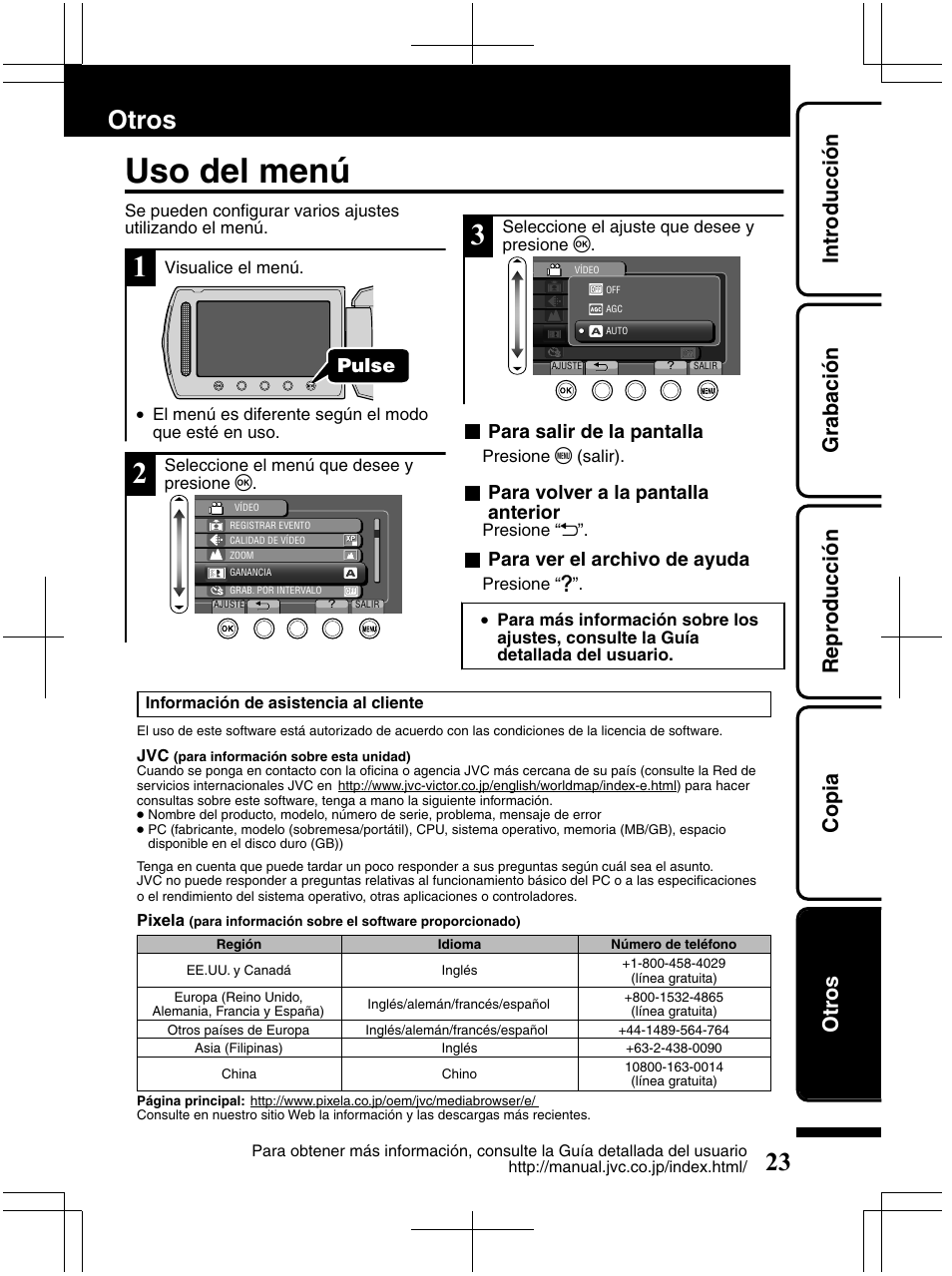 Uso del menú, Otros, Introducción grabación reproducción copia otros | JVC Everio GZ-HM320U User Manual | Page 55 / 96