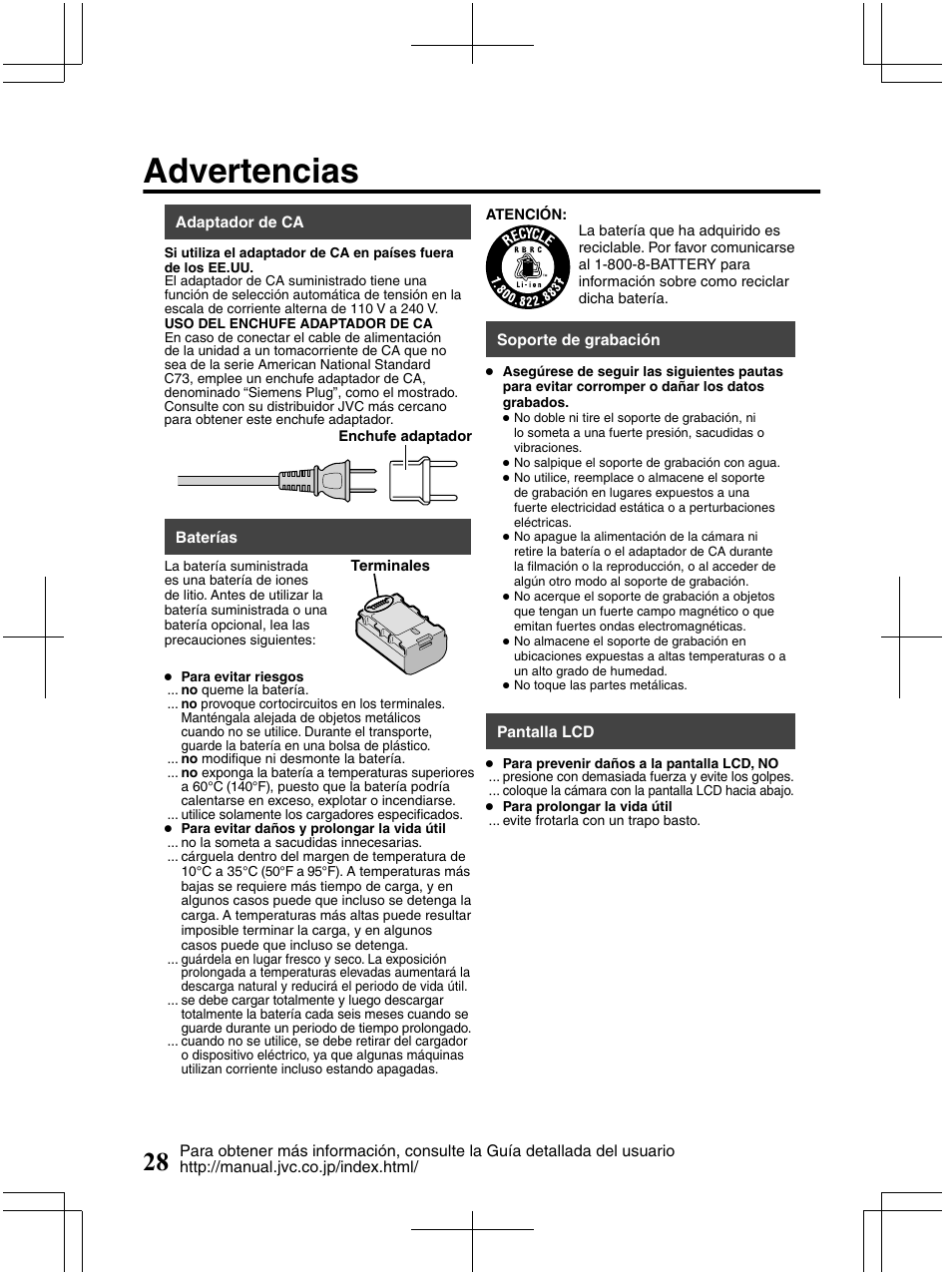 Advertencias | JVC Everio GZ-HM320U User Manual | Page 60 / 96