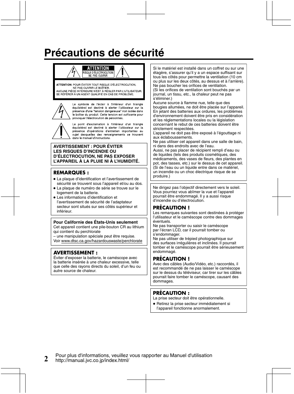 Précautions de sécurité | JVC Everio GZ-HM320U User Manual | Page 66 / 96