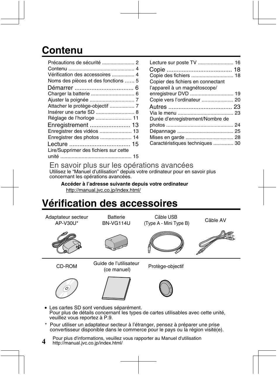 Contenu, Vérification des accessoires, En savoir plus sur les opérations avancées | JVC Everio GZ-HM320U User Manual | Page 68 / 96