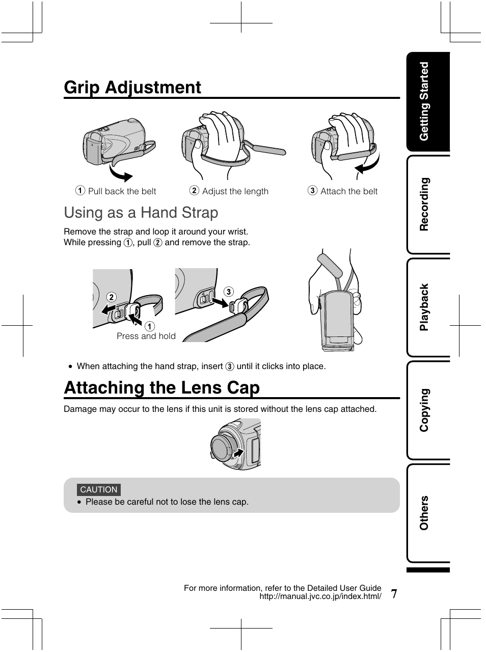 Grip adjustment, Attaching the lens cap, Using as a hand strap | JVC Everio GZ-HM320U User Manual | Page 7 / 96