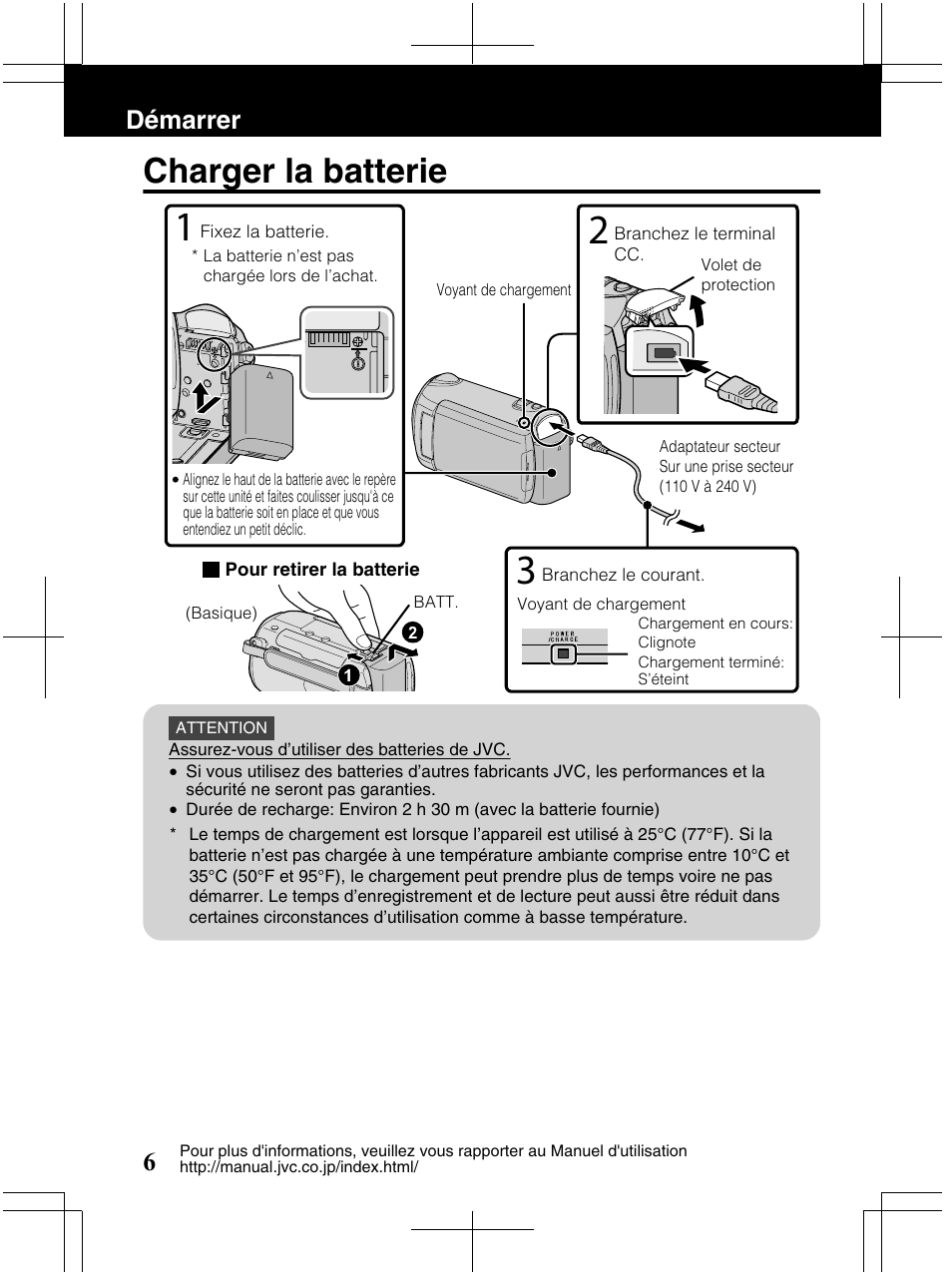 Charger la batterie, Démarrer 6 | JVC Everio GZ-HM320U User Manual | Page 70 / 96
