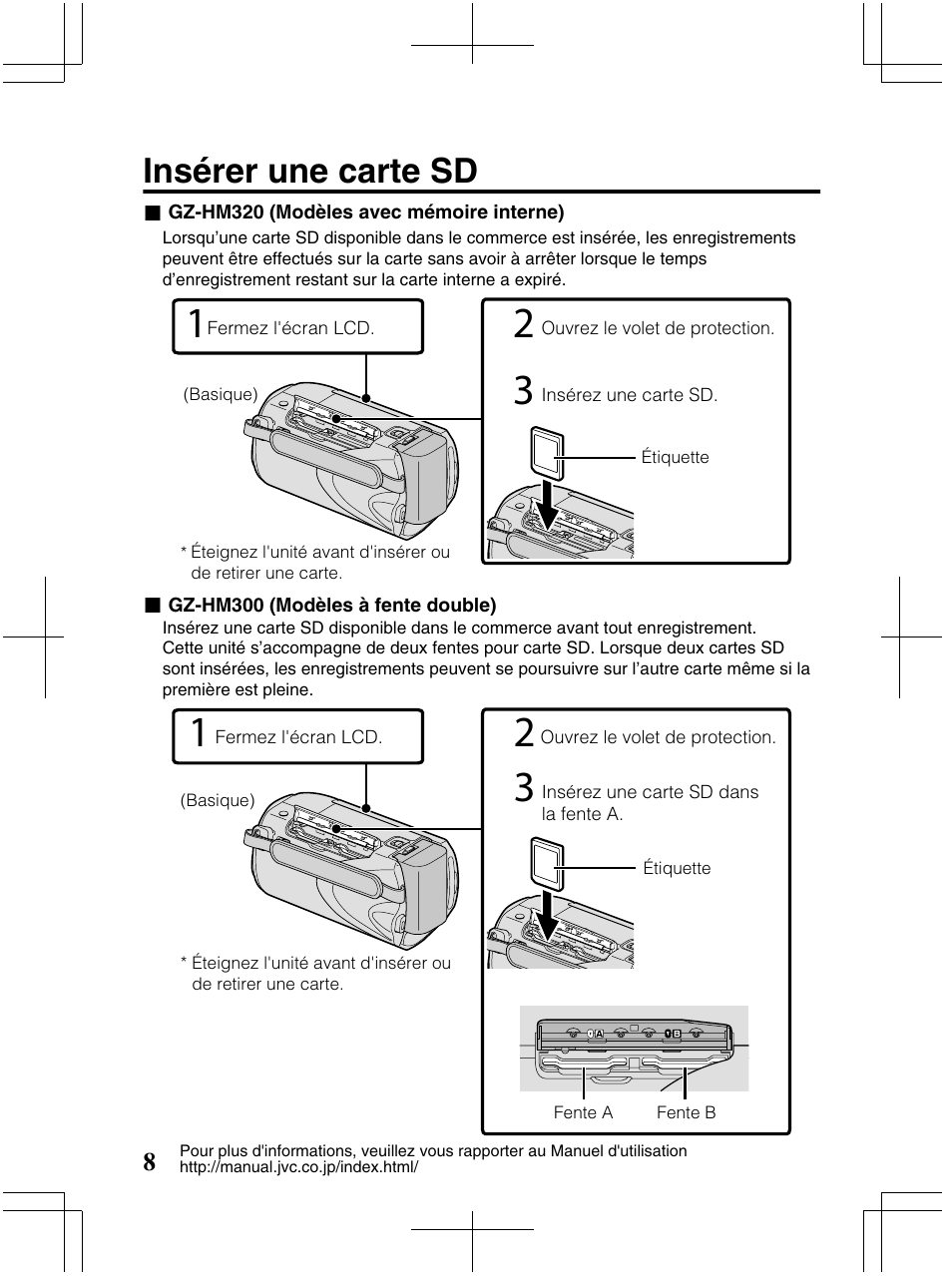 Insérer une carte sd | JVC Everio GZ-HM320U User Manual | Page 72 / 96