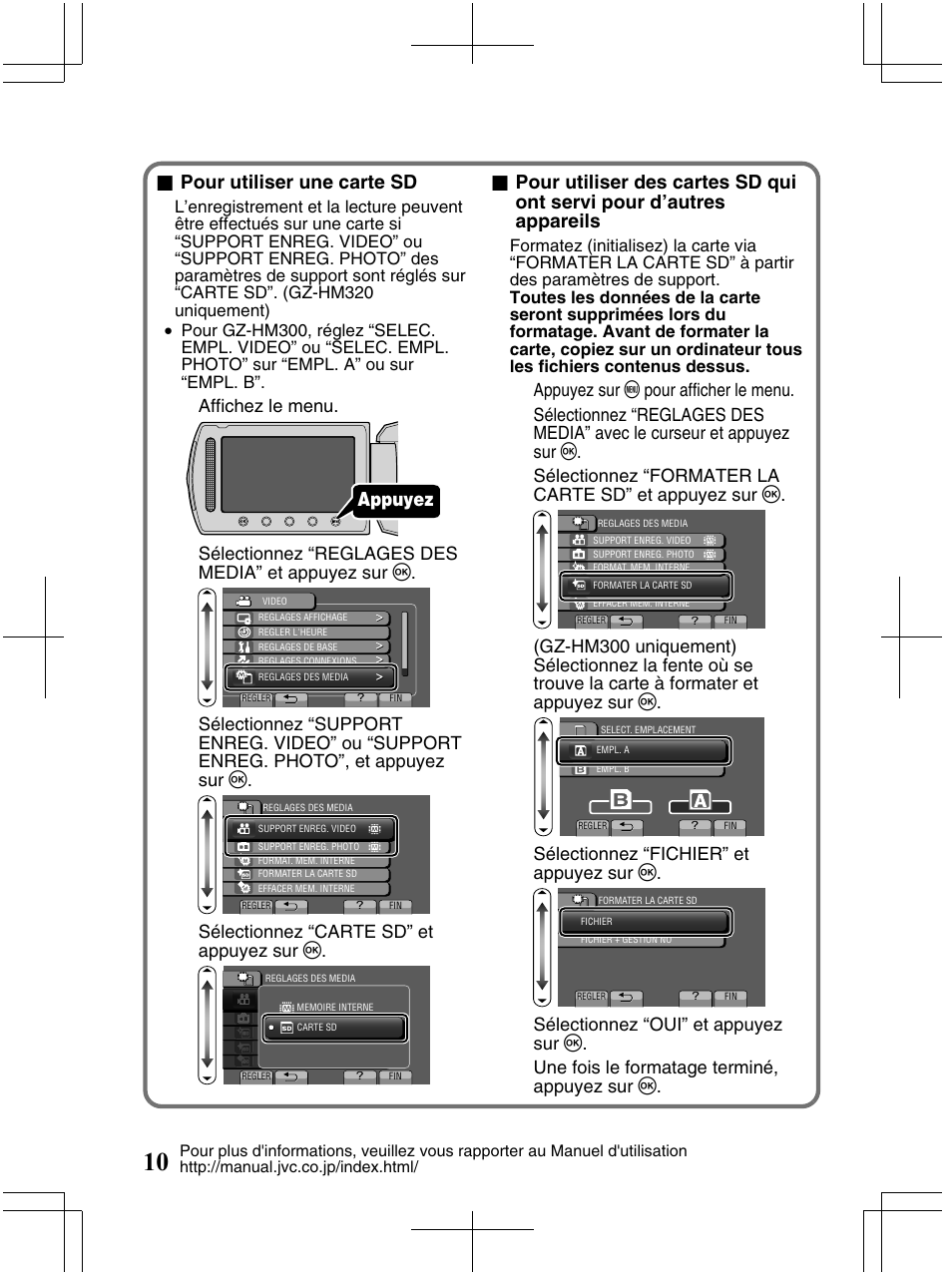 Pour utiliser une carte sd, Appuyez, Affichez le menu | Sélectionnez “reglages des media” et appuyez sur, Sélectionnez “carte sd” et appuyez sur, Sélectionnez “fichier” et appuyez sur | JVC Everio GZ-HM320U User Manual | Page 74 / 96