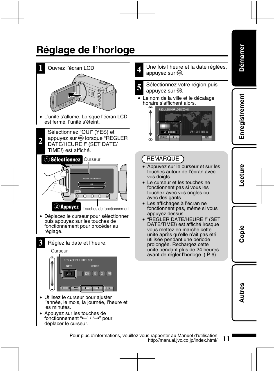 Réglage de l’horloge, Démarrer enregistrement lecture copie autres | JVC Everio GZ-HM320U User Manual | Page 75 / 96