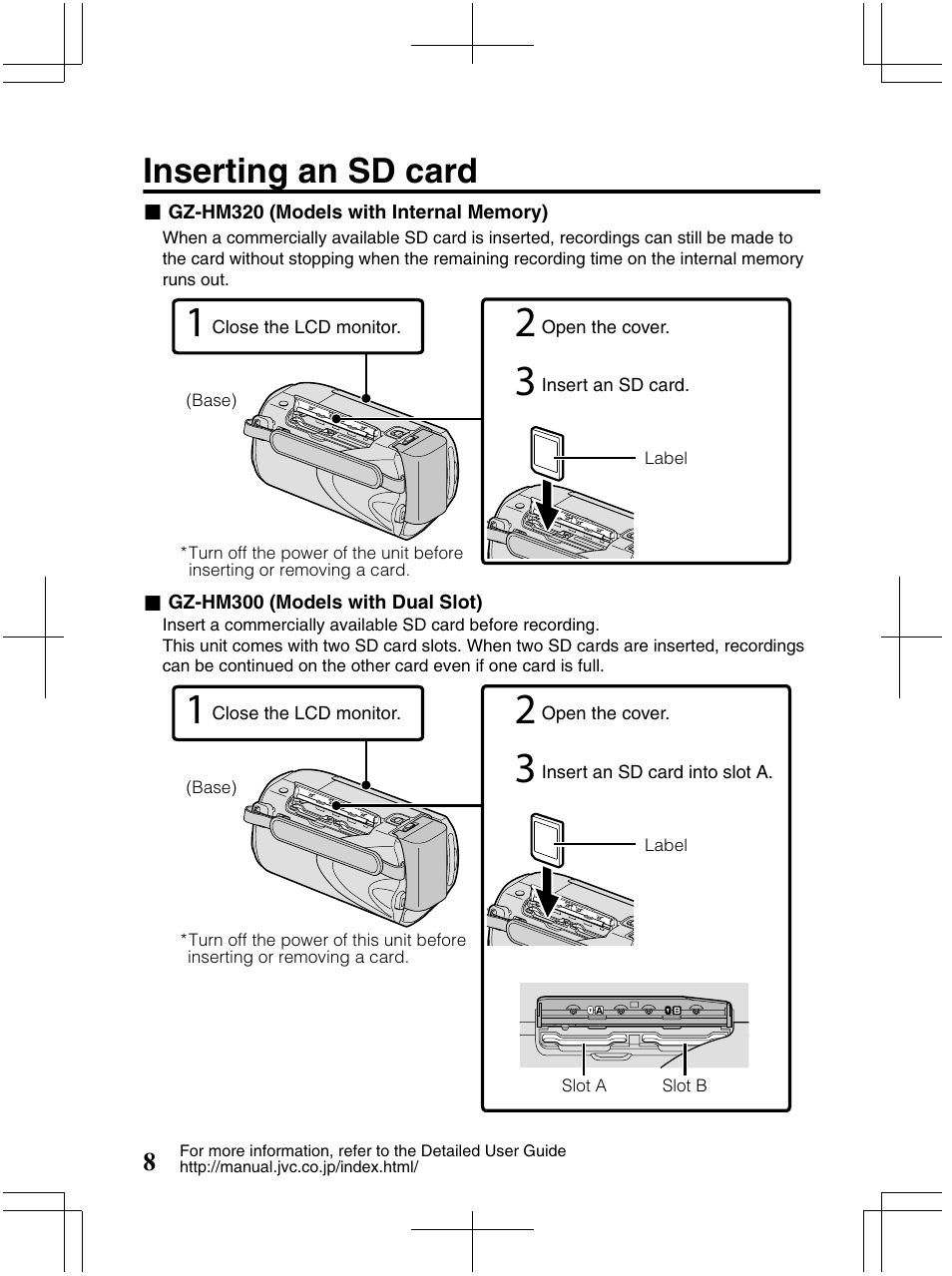 Inserting an sd card | JVC Everio GZ-HM320U User Manual | Page 8 / 96