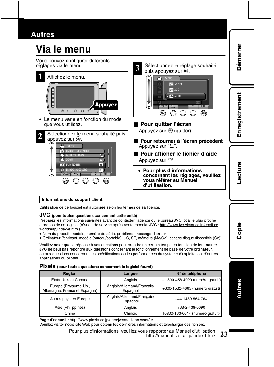 Via le menu, Autres, Démarrer enregistrement lecture copie autres | JVC Everio GZ-HM320U User Manual | Page 87 / 96