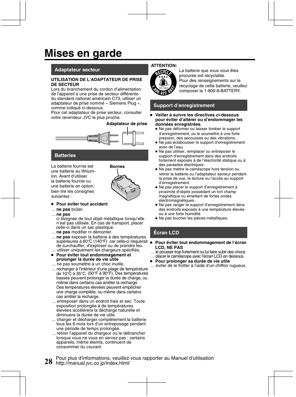 Mises en garde | JVC Everio GZ-HM320U User Manual | Page 92 / 96