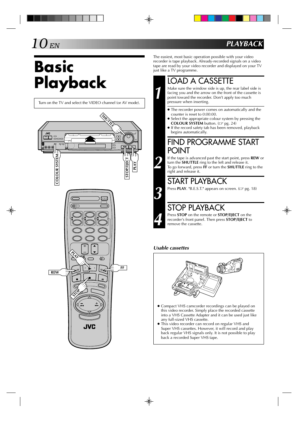 Basic playback, Load a cassette, Find programme start point | Start playback, Stop playback, Playback | JVC HR-E539EE User Manual | Page 10 / 34