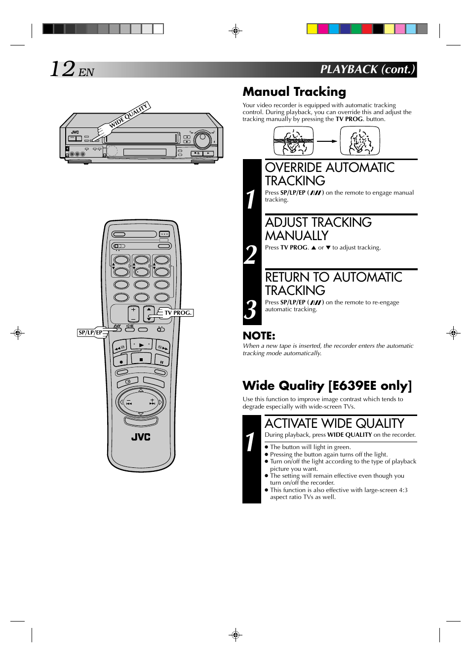 Override automatic tracking, Adjust tracking manually, Return to automatic tracking | Activate wide quality, Playback (cont.) manual tracking, Wide quality [e639ee only | JVC HR-E539EE User Manual | Page 12 / 34