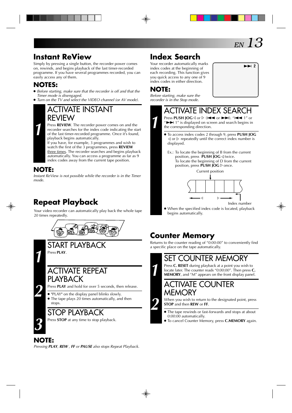 Activate index search, Activate instant review, Start playback | Activate repeat playback, Stop playback, Index search, Instant review, Repeat playback | JVC HR-E539EE User Manual | Page 13 / 34