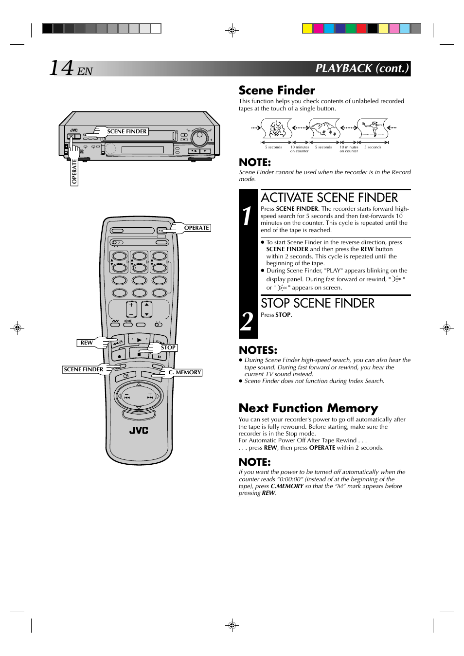 Activate scene finder, Stop scene finder, Playback (cont.) | Scene finder | JVC HR-E539EE User Manual | Page 14 / 34