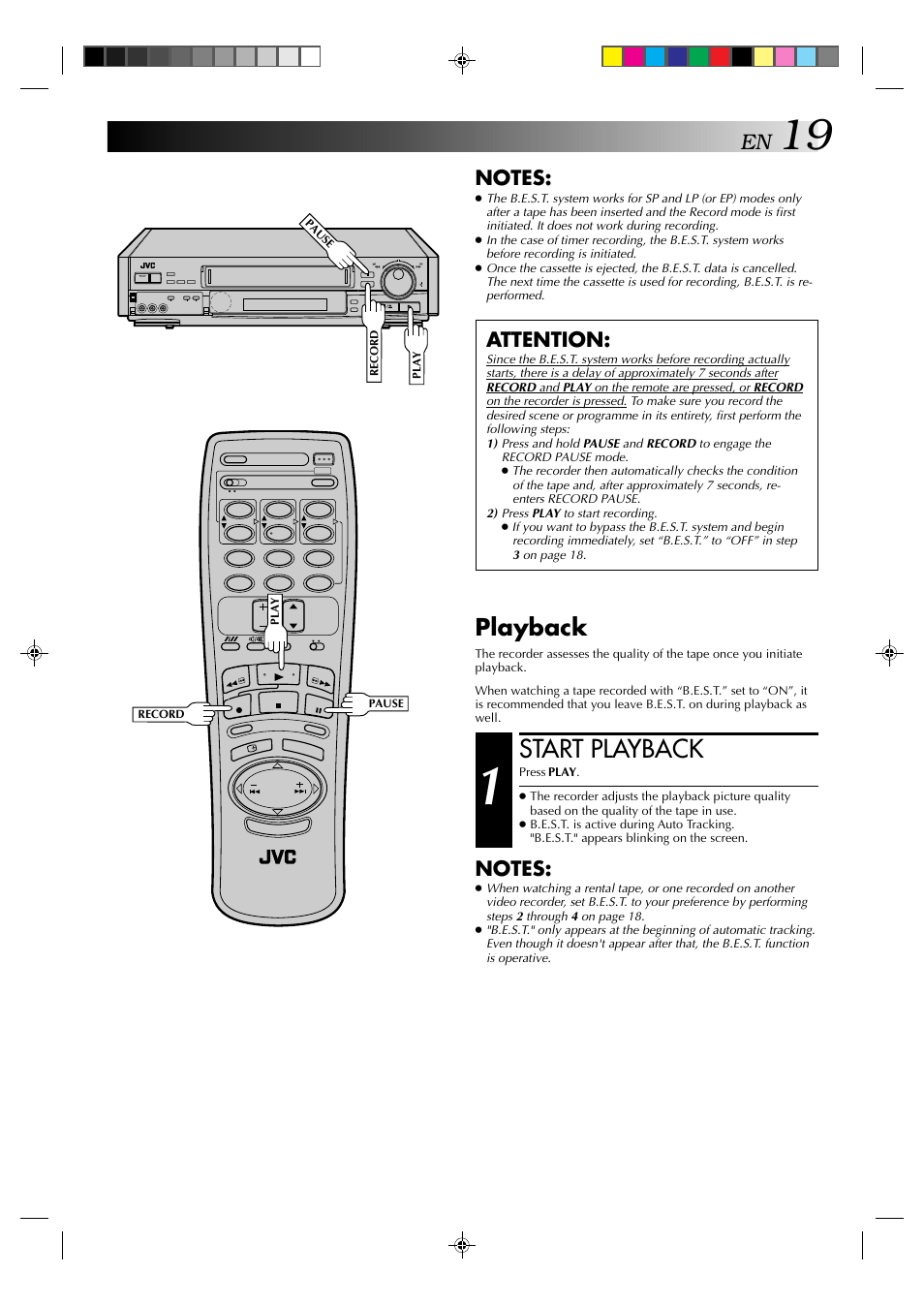 Start playback, Playback, Attention | JVC HR-E539EE User Manual | Page 19 / 34