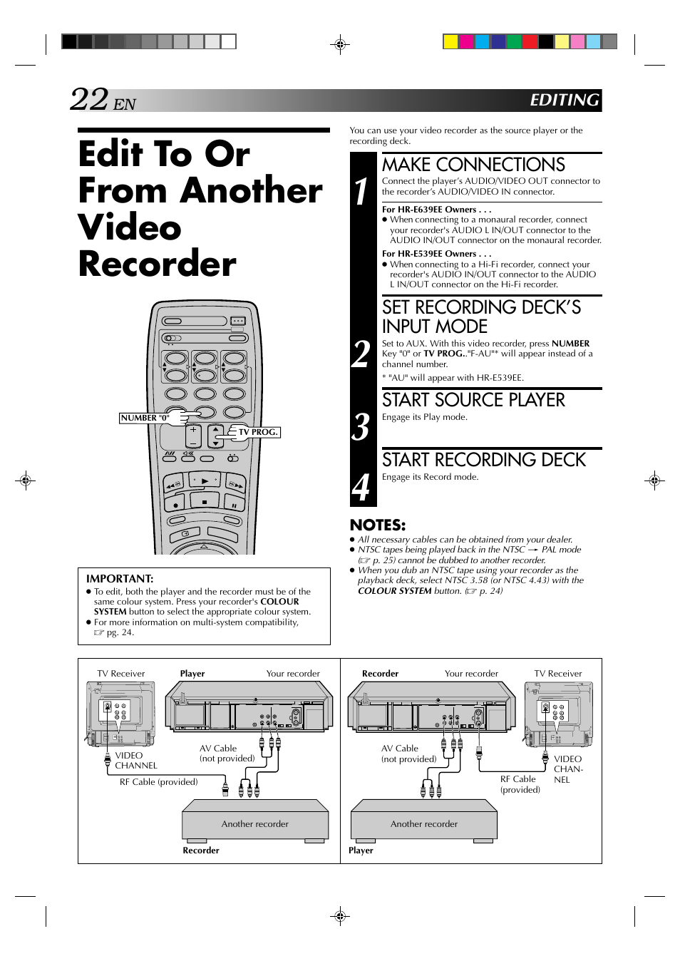 Edit to or from another video recorder, Make connections, Set recording deck’s input mode | Start source player, Start recording deck, Editing | JVC HR-E539EE User Manual | Page 22 / 34