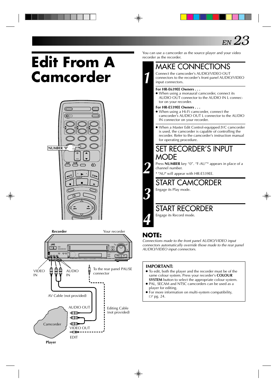 Edit from a camcorder, Make connections, Set recorder’s input mode | Start camcorder, Start recorder | JVC HR-E539EE User Manual | Page 23 / 34