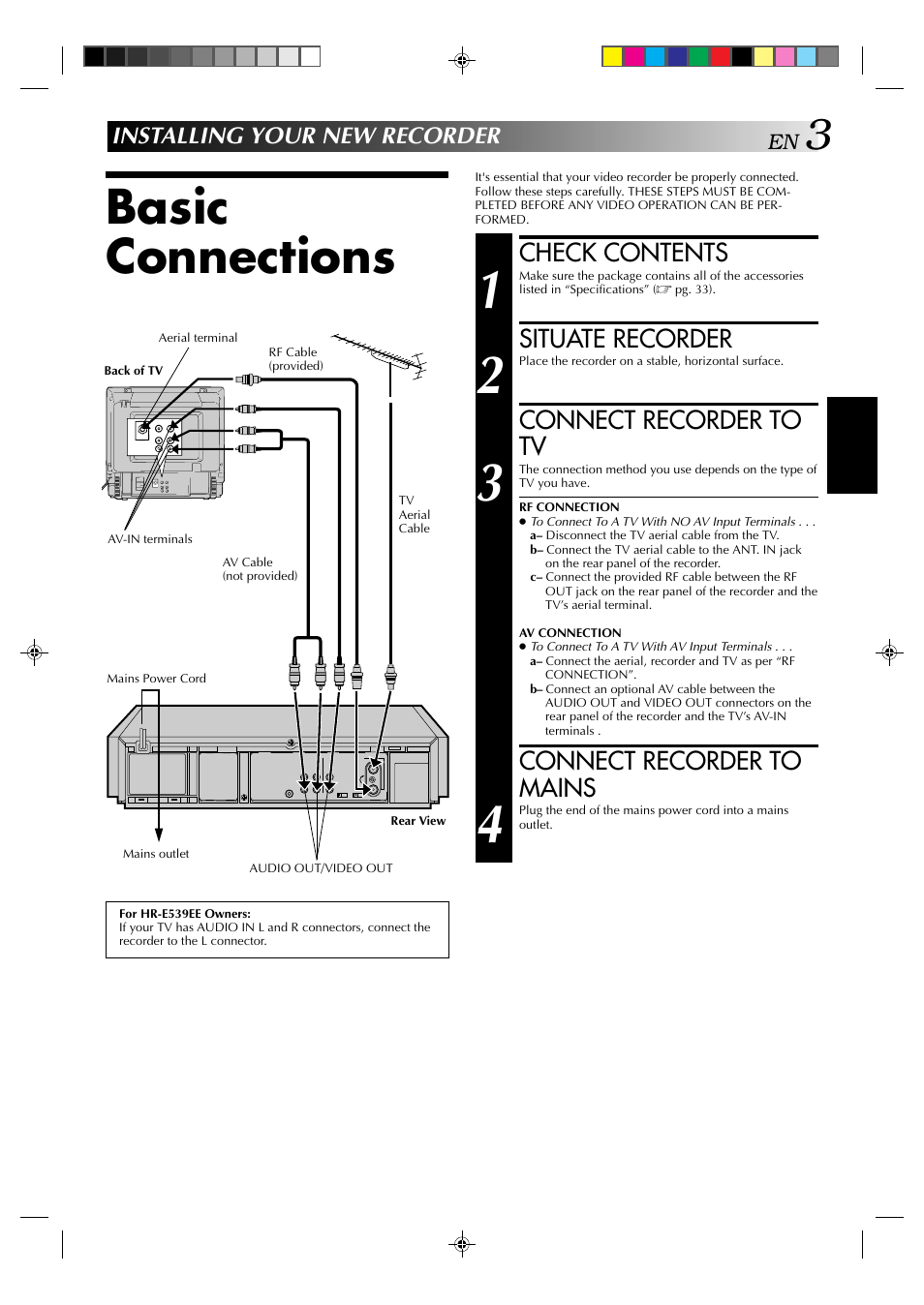 Basic connections, Check contents, Situate recorder | Connect recorder to tv, Connect recorder to mains, Installing your new recorder | JVC HR-E539EE User Manual | Page 3 / 34