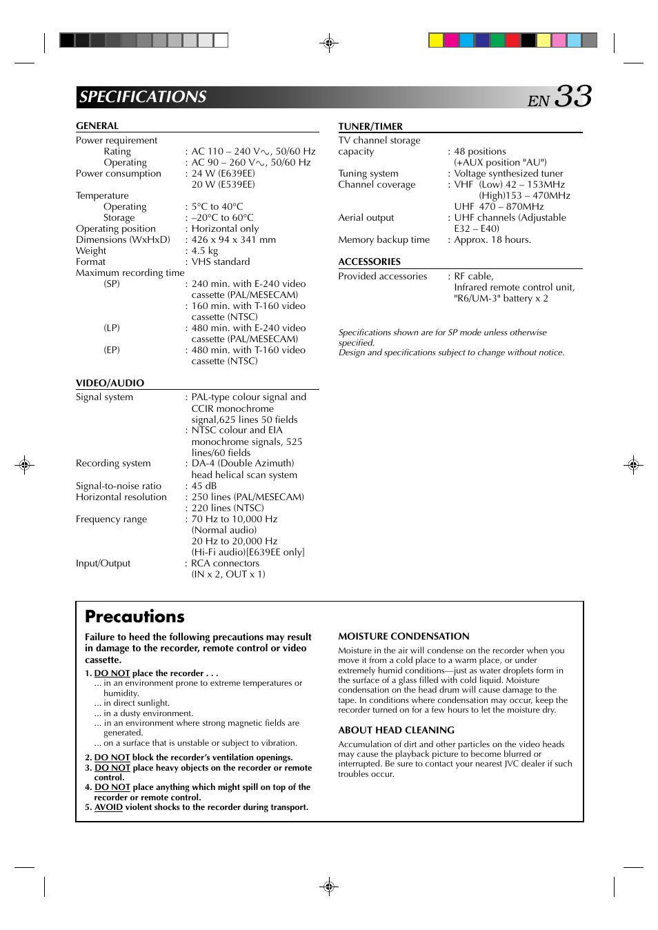 Specifications, Precautions | JVC HR-E539EE User Manual | Page 33 / 34