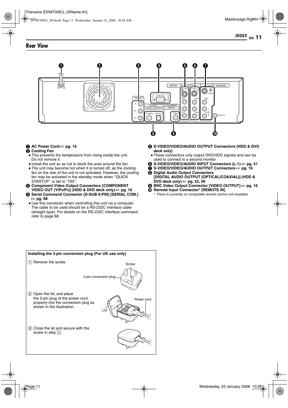 Rear view, Index | JVC MINI DV & HDD & DVD SR-DVM700E User Manual | Page 11 / 76