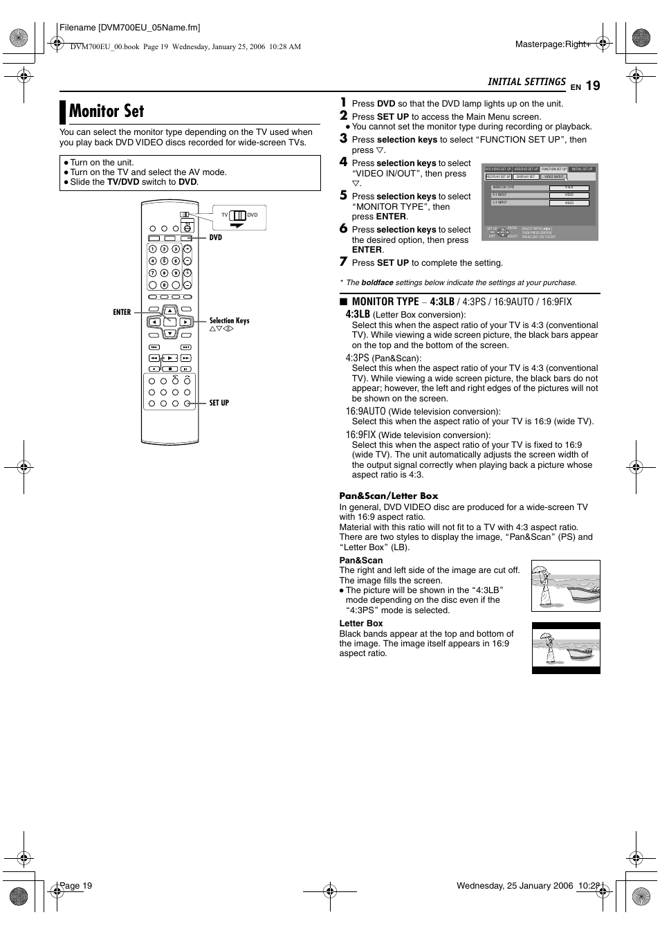 Monitor set, Initial settings, Monitor type | JVC MINI DV & HDD & DVD SR-DVM700E User Manual | Page 19 / 76