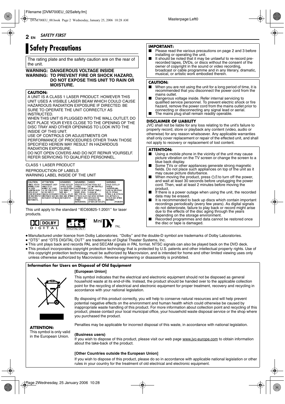 Safety first, Safety precautions | JVC MINI DV & HDD & DVD SR-DVM700E User Manual | Page 2 / 76