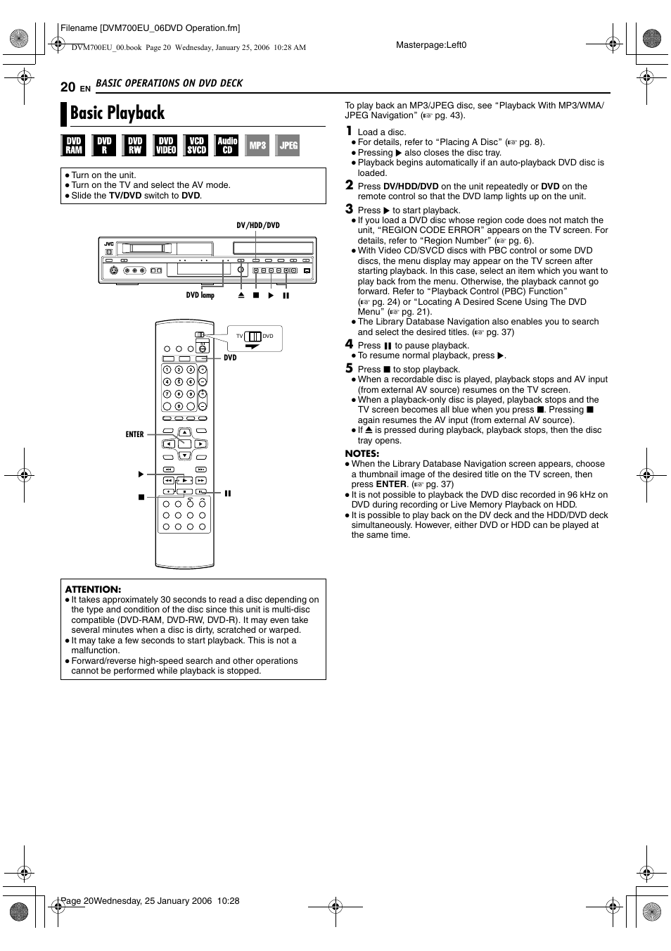Basic operations on dvd deck, Basic playback | JVC MINI DV & HDD & DVD SR-DVM700E User Manual | Page 20 / 76