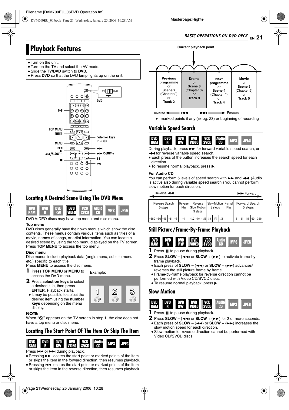 Playback features, Locating a desired scene using the dvd menu, Variable speed search | Still picture/frame-by-frame playback, Slow motion | JVC MINI DV & HDD & DVD SR-DVM700E User Manual | Page 21 / 76